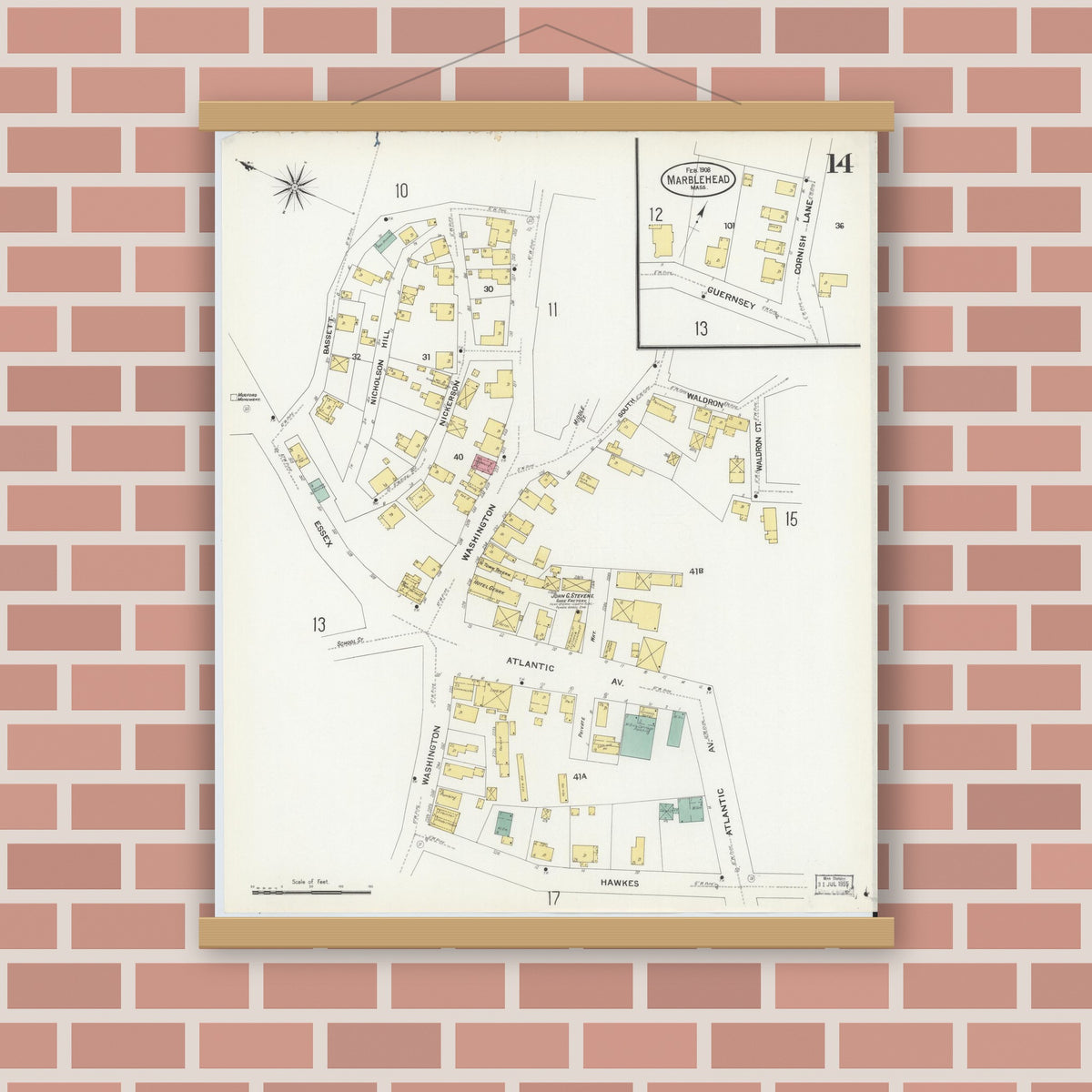 Old map wall art mockup — magnetic wood frame on brick wall — Sanborn Fire Insurance Map from Marblehead, Essex County, Massachusetts (1908), Sheet #0014