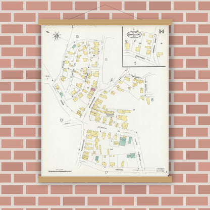 Old map wall art mockup — magnetic wood frame on brick wall — Sanborn Fire Insurance Map from Marblehead, Essex County, Massachusetts (1908), Sheet #0014