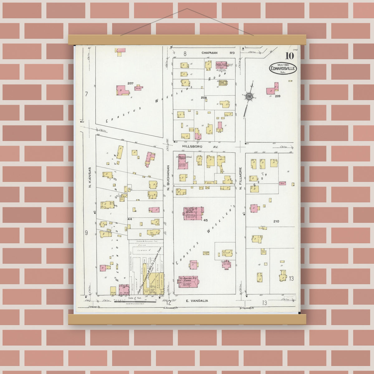 Old map wall art mockup — magnetic wood frame on brick wall — Sanborn Fire Insurance Map from Edwardsville, Madison County, Illinois (1921), Sheet #0010