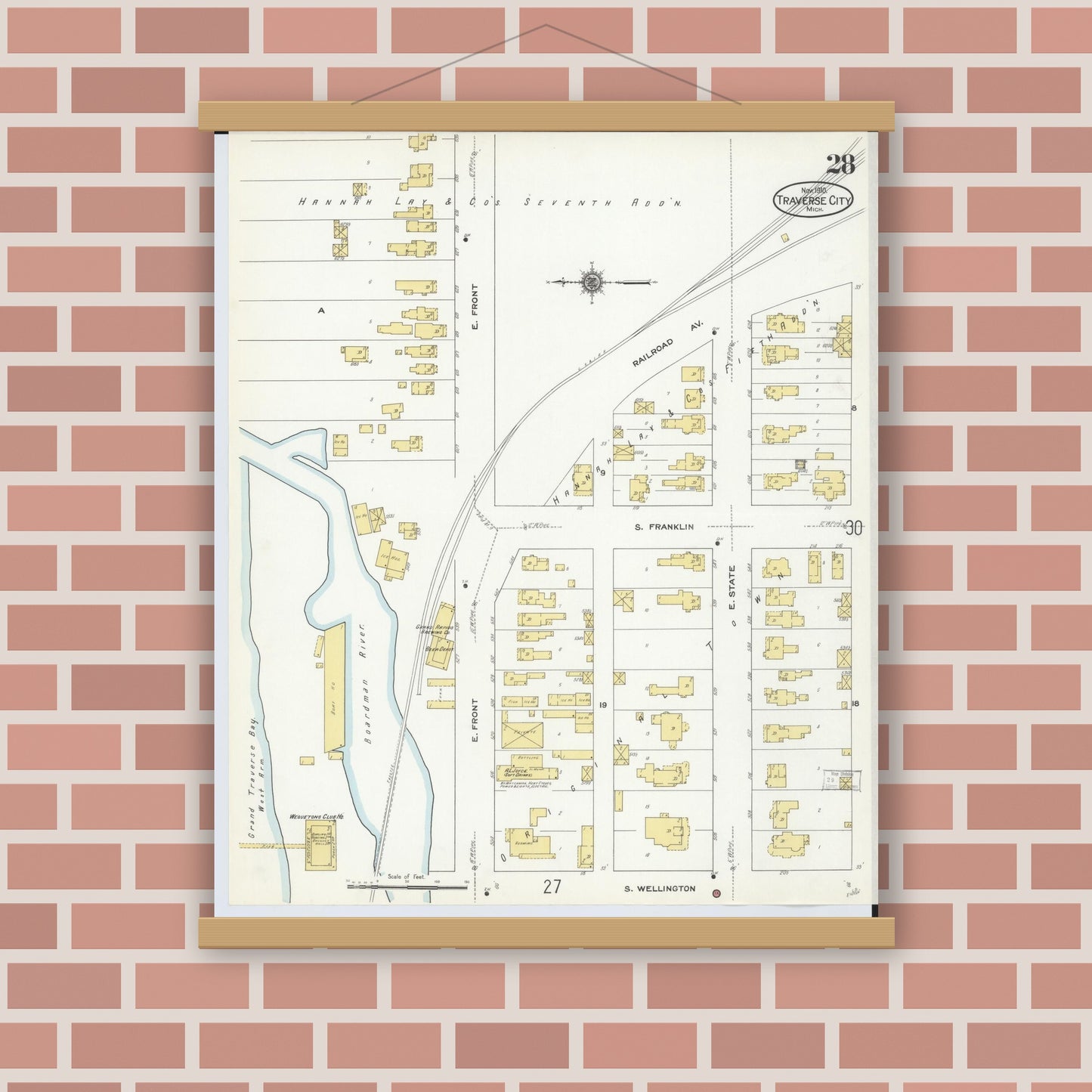Old map wall art mockup — magnetic wood frame on brick wall — Sanborn Fire Insurance Map from Traverse City, Grand Traverse County, Michigan (1910), Sheet #0028