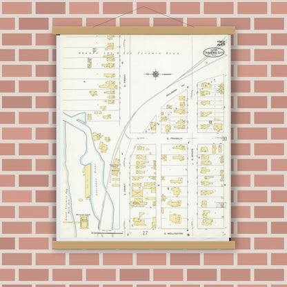 Old map wall art mockup — magnetic wood frame on brick wall — Sanborn Fire Insurance Map from Traverse City, Grand Traverse County, Michigan (1910), Sheet #0028