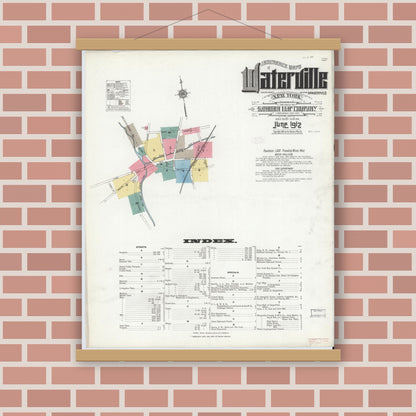 Old map wall art mockup — magnetic wood frame on brick wall — Sanborn Fire Insurance Map from Waterville, Oneida County, New York (1912) - Complete Map Set