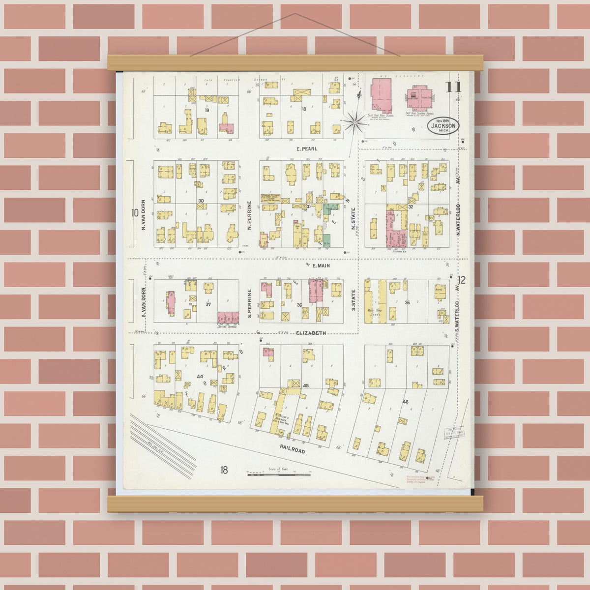 Old map wall art mockup — magnetic wood frame on brick wall — Sanborn Fire Insurance Map from Jackson, Jackson County, Michigan (1899), Sheet #0011