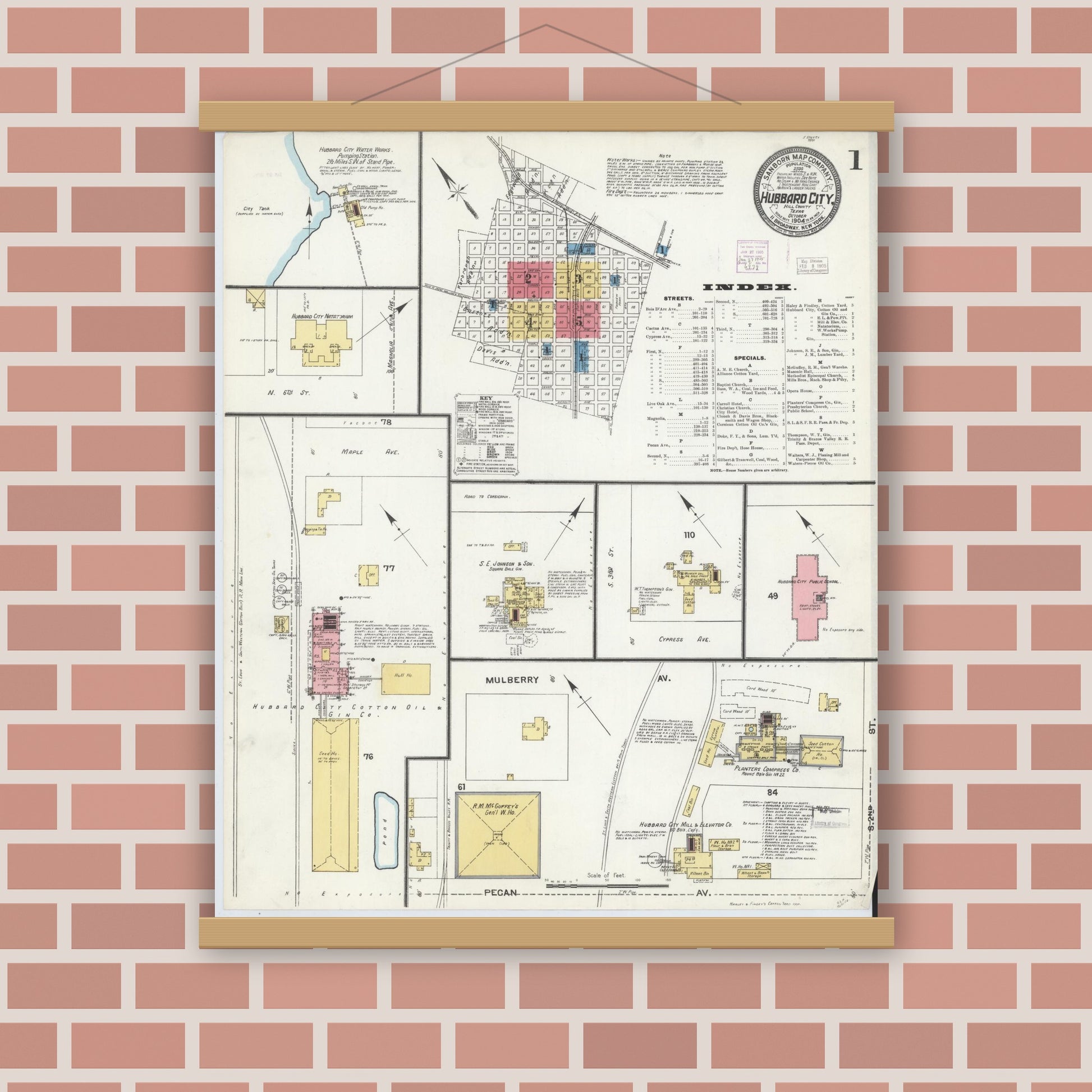 Old map wall art mockup — magnetic wood frame on brick wall — Sanborn Fire Insurance Map from Hubbard, Hill County, Texas (1904), Sheet #0001
