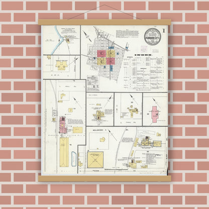 Old map wall art mockup — magnetic wood frame on brick wall — Sanborn Fire Insurance Map from Hubbard, Hill County, Texas (1904), Sheet #0001