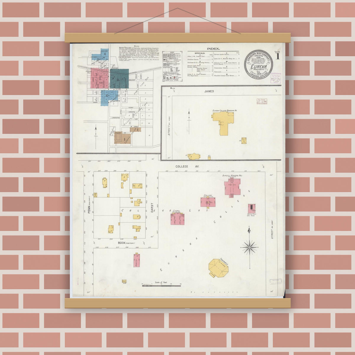 Old map wall art mockup — magnetic wood frame on brick wall — Sanborn Fire Insurance Map from Eureka, Woodford County, Illinois (1906) - Complete Map Set