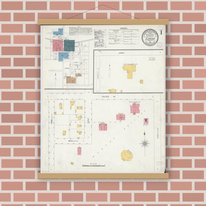 Old map wall art mockup — magnetic wood frame on brick wall — Sanborn Fire Insurance Map from Eureka, Woodford County, Illinois (1906) - Complete Map Set