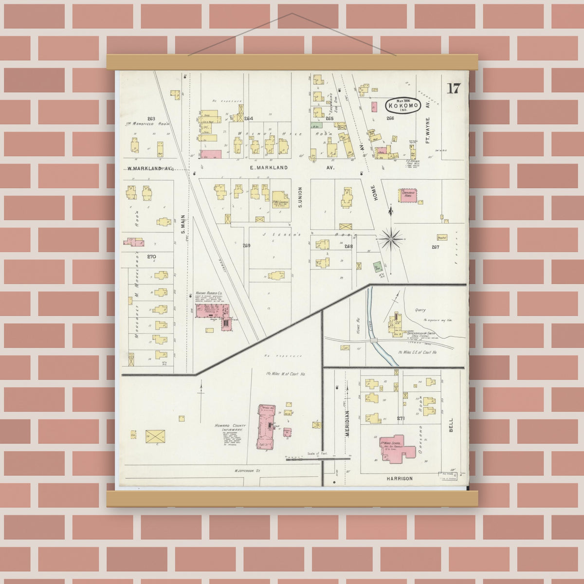 Old map wall art mockup — magnetic wood frame on brick wall — Sanborn Fire Insurance Map from Kokomo, Howard County, Indiana (1896), Sheet #0017