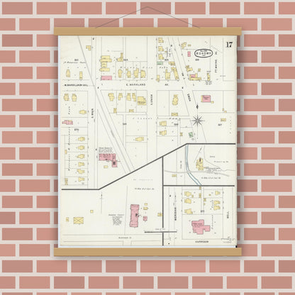Old map wall art mockup — magnetic wood frame on brick wall — Sanborn Fire Insurance Map from Kokomo, Howard County, Indiana (1896), Sheet #0017