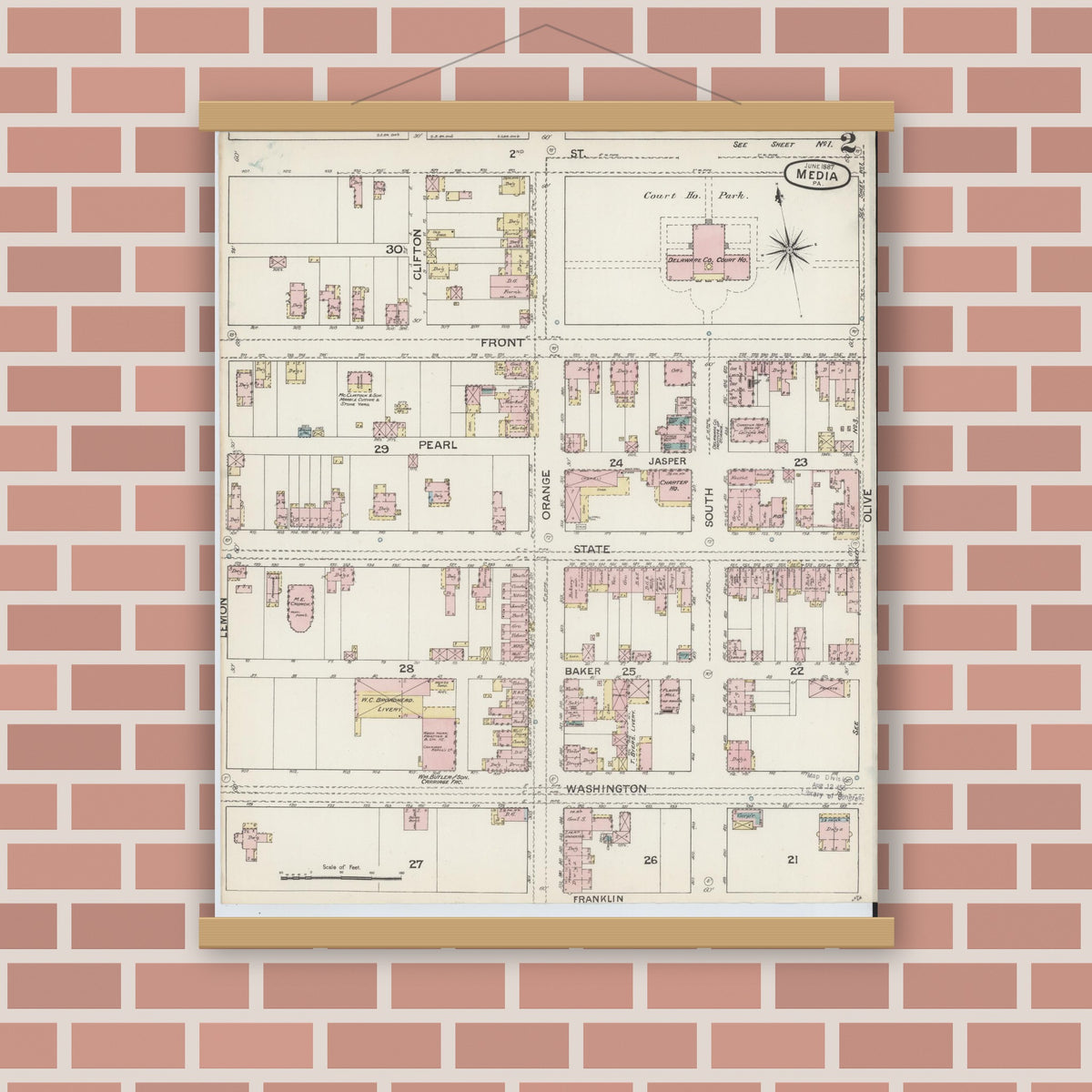 Old map wall art mockup — magnetic wood frame on brick wall — Sanborn Fire Insurance Map from Media, Delaware County, Pennsylvania (1887), Sheet #0002