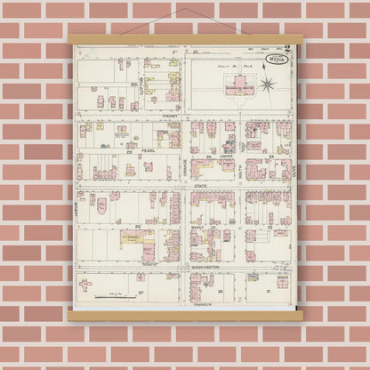 Old map wall art mockup — magnetic wood frame on brick wall — Sanborn Fire Insurance Map from Media, Delaware County, Pennsylvania (1887), Sheet #0002