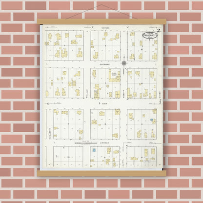Old map wall art mockup — magnetic wood frame on brick wall — Sanborn Fire Insurance Map from Carson City, Montcalm County, Michigan (1918), Sheet #0002