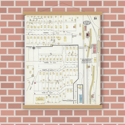 Old map wall art mockup — magnetic wood frame on brick wall — Sanborn Fire Insurance Map from Chisholm, Saint Louis County, Minnesota (1921), Sheet #0010