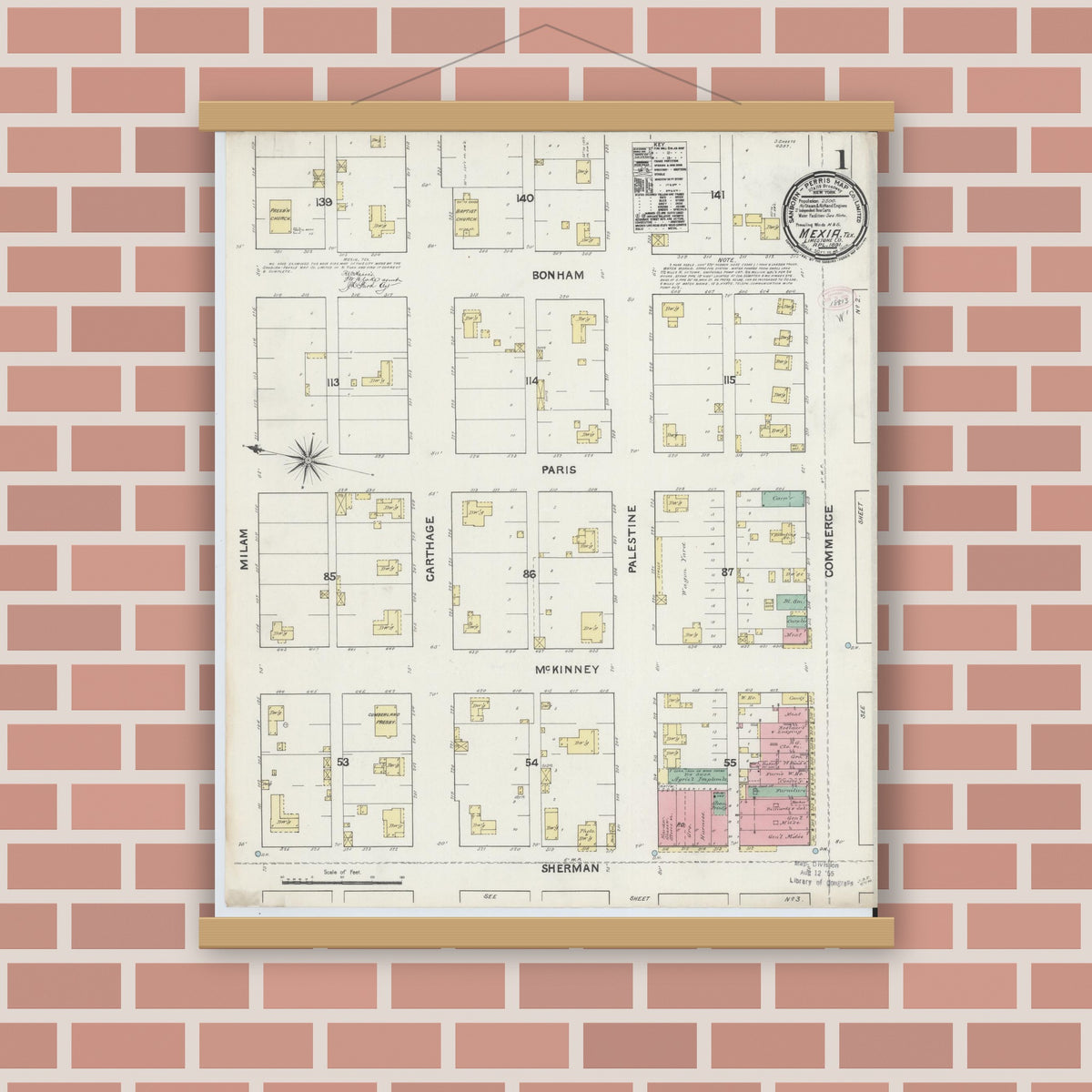 Old map wall art mockup — magnetic wood frame on brick wall — Sanborn Fire Insurance Map from Mexia, Limestone County, Texas (1891), Sheet #0001
