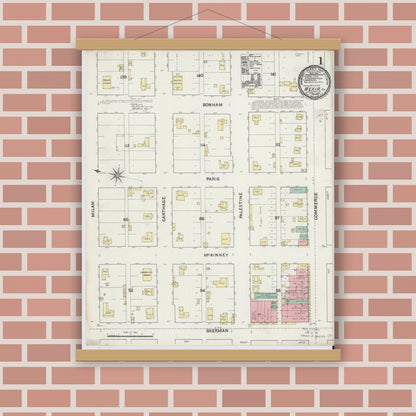 Old map wall art mockup — magnetic wood frame on brick wall — Sanborn Fire Insurance Map from Mexia, Limestone County, Texas (1891), Sheet #0001
