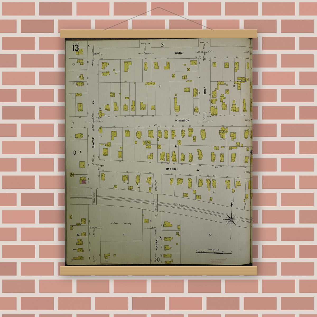 Old map wall art mockup — magnetic wood frame on brick wall — Sanborn Fire Insurance Map from Jackson, Jackson County, Michigan (1907), Sheet #0013