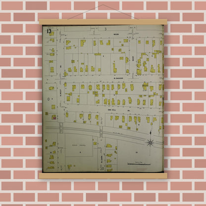 Old map wall art mockup — magnetic wood frame on brick wall — Sanborn Fire Insurance Map from Jackson, Jackson County, Michigan (1907), Sheet #0013