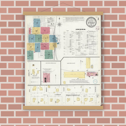 Old map wall art mockup — magnetic wood frame on brick wall — Sanborn Fire Insurance Map from McKinney, Collin County, Texas (1908), Sheet #0001