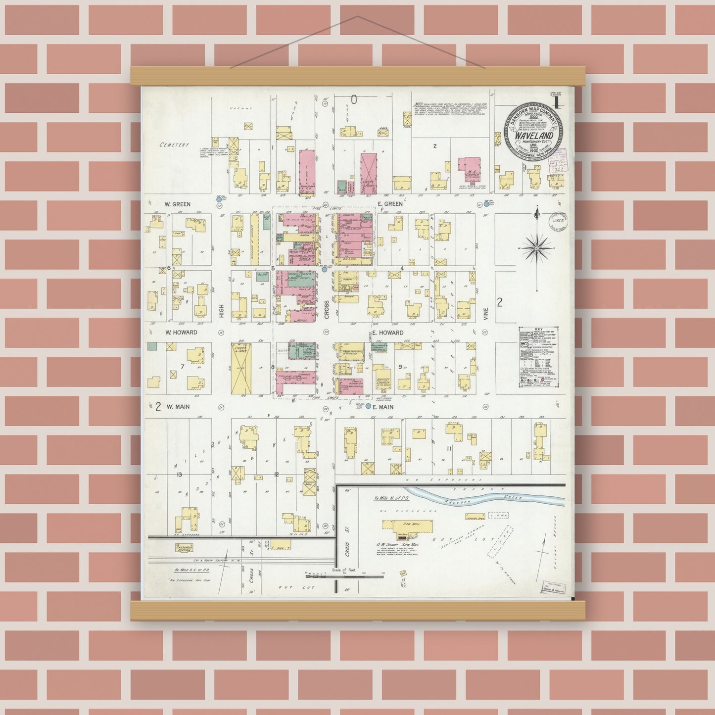 Old map wall art mockup — magnetic wood frame on brick wall — Sanborn Fire Insurance Map from Waveland, Montgomery County, Indiana (1902) - Complete Map Set