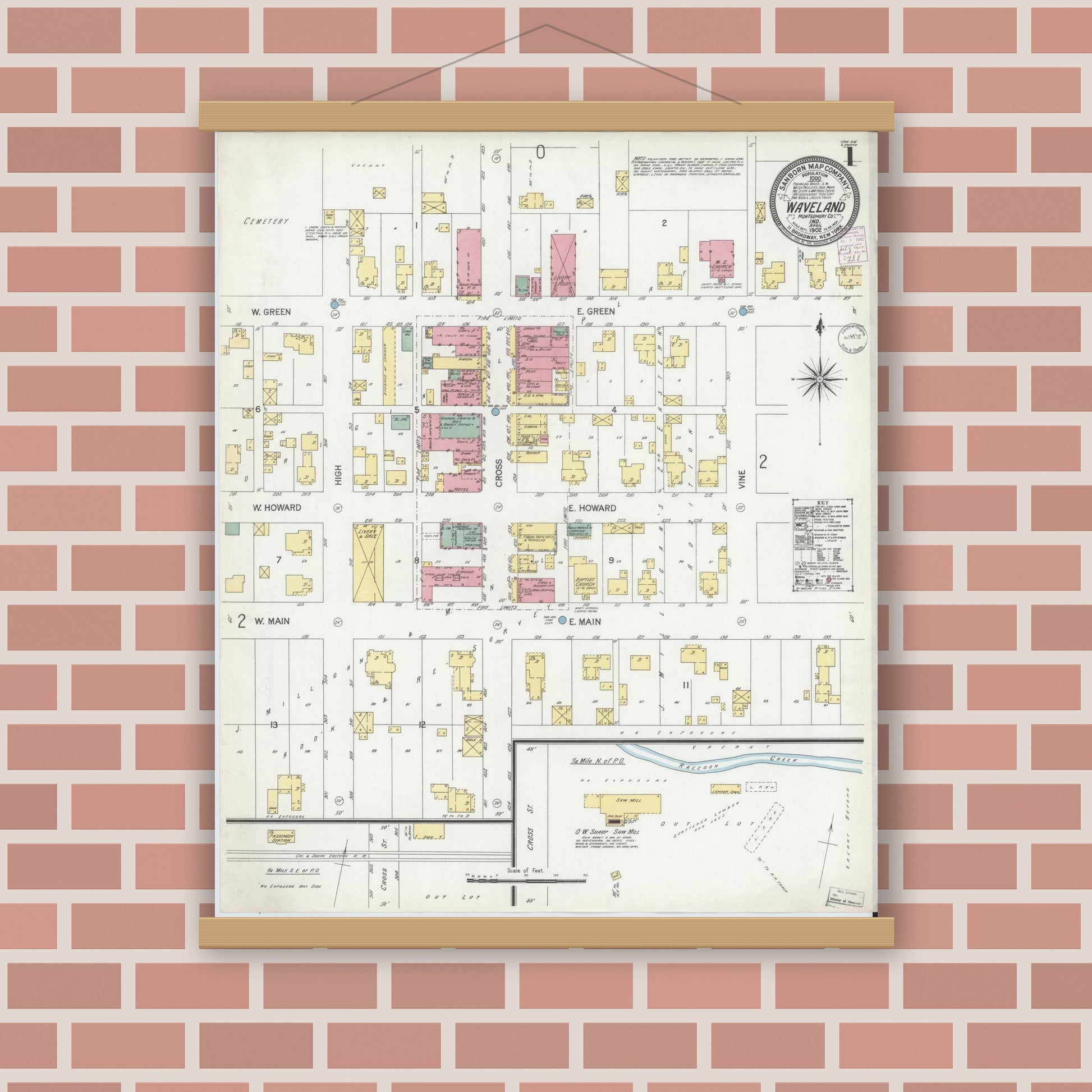 Old map wall art mockup — magnetic wood frame on brick wall — Sanborn Fire Insurance Map from Waveland, Montgomery County, Indiana (1902) - Complete Map Set