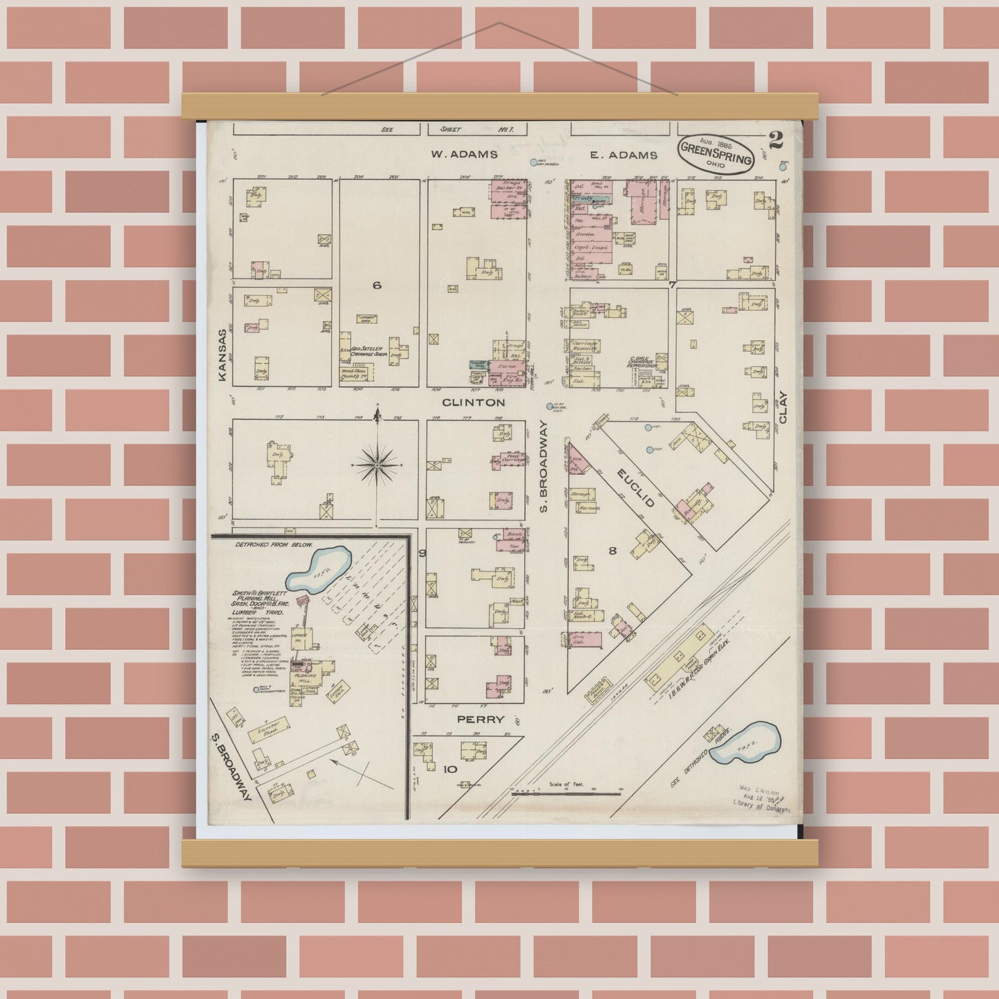 Old map wall art mockup — magnetic wood frame on brick wall — Sanborn Fire Insurance Map from Green Springs, Sandusky And Seneca Counties, Ohio (1885), Sheet #0002