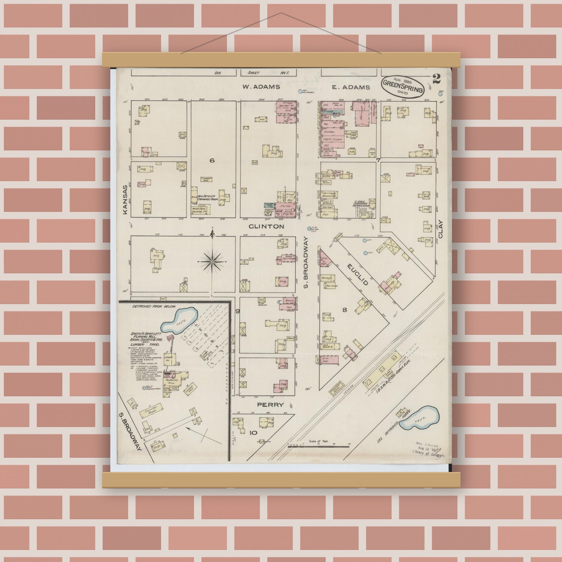 Old map wall art mockup — magnetic wood frame on brick wall — Sanborn Fire Insurance Map from Green Springs, Sandusky And Seneca Counties, Ohio (1885), Sheet #0002