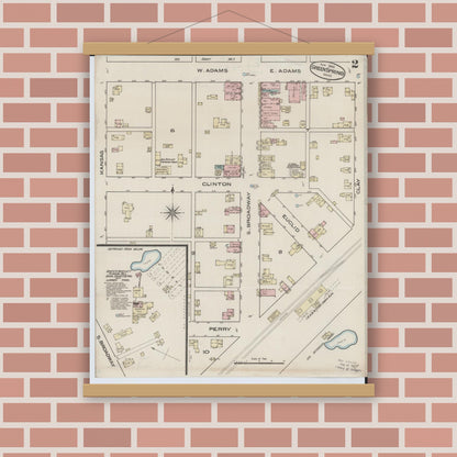 Old map wall art mockup — magnetic wood frame on brick wall — Sanborn Fire Insurance Map from Green Springs, Sandusky And Seneca Counties, Ohio (1885), Sheet #0002