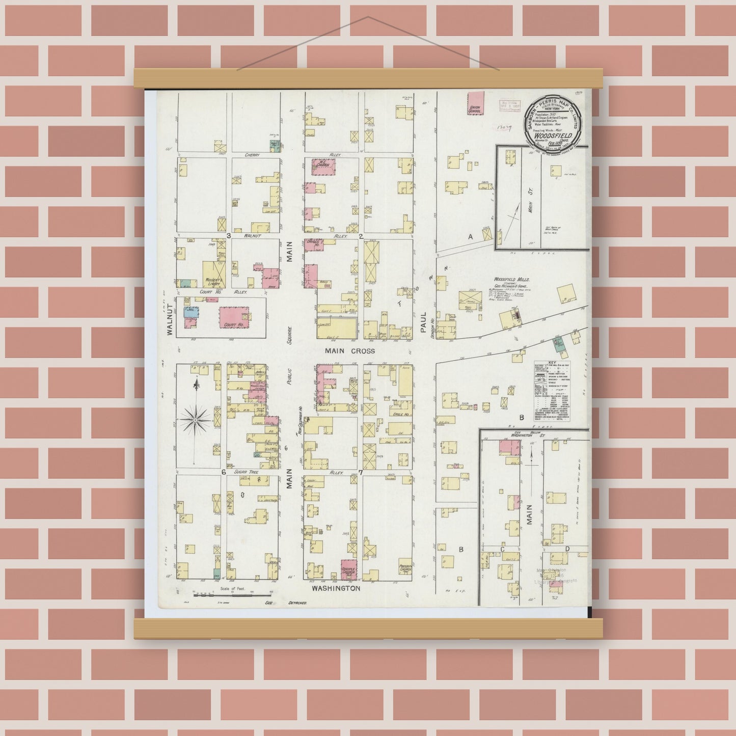 Old map wall art mockup — magnetic wood frame on brick wall — Sanborn Fire Insurance Map from Woodsfield, Monroe County, Ohio (1893), Sheet #0001