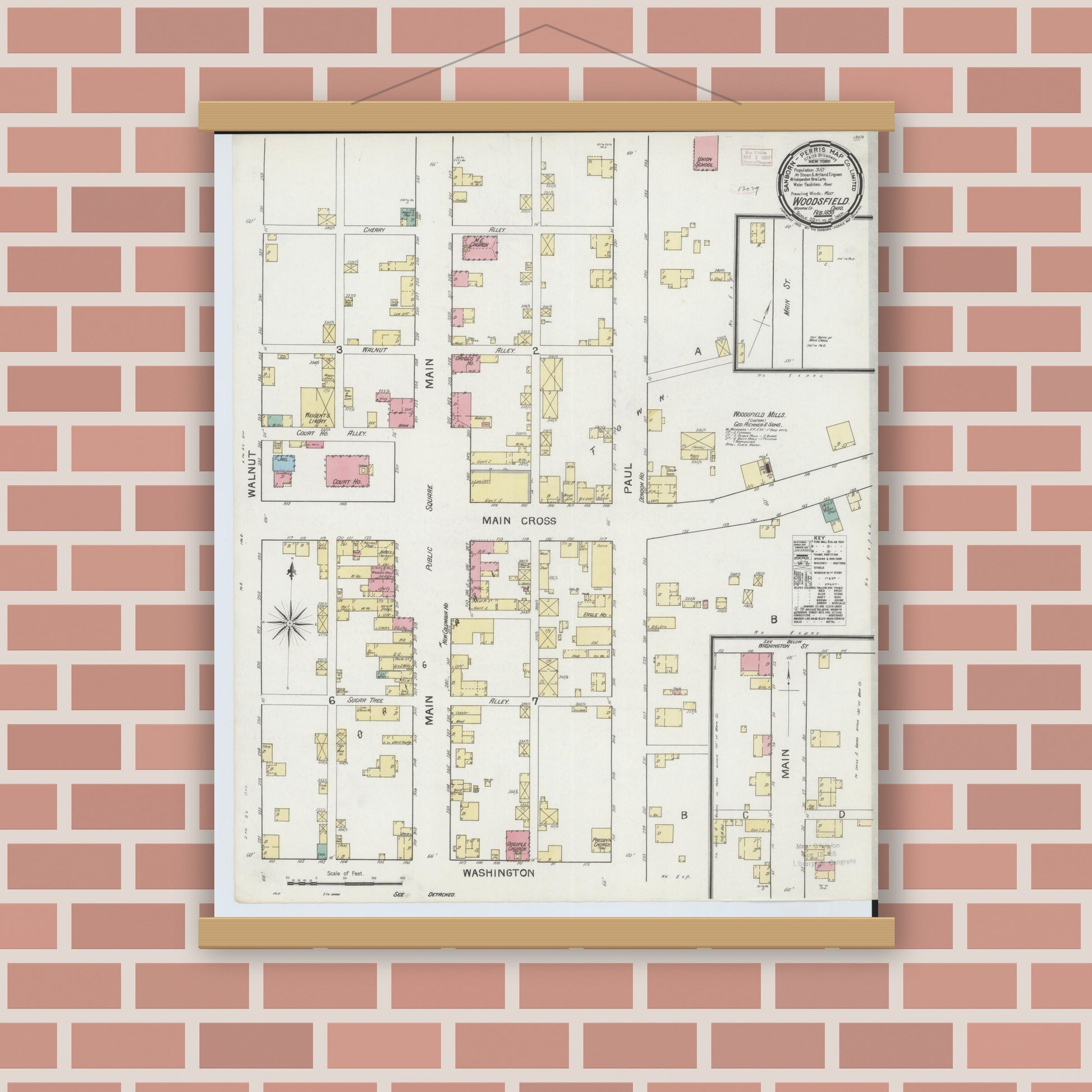 Old map wall art mockup — magnetic wood frame on brick wall — Sanborn Fire Insurance Map from Woodsfield, Monroe County, Ohio (1893), Sheet #0001