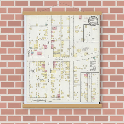 Old map wall art mockup — magnetic wood frame on brick wall — Sanborn Fire Insurance Map from Woodsfield, Monroe County, Ohio (1893), Sheet #0001