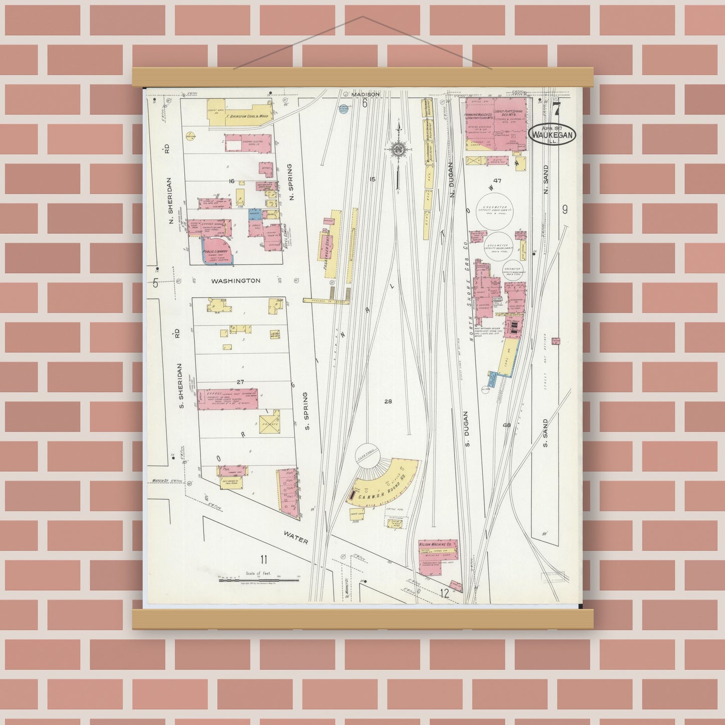 Old map wall art mockup — magnetic wood frame on brick wall — Sanborn Fire Insurance Map from Waukegan, Lake County, Illinois (1917), Sheet #0007