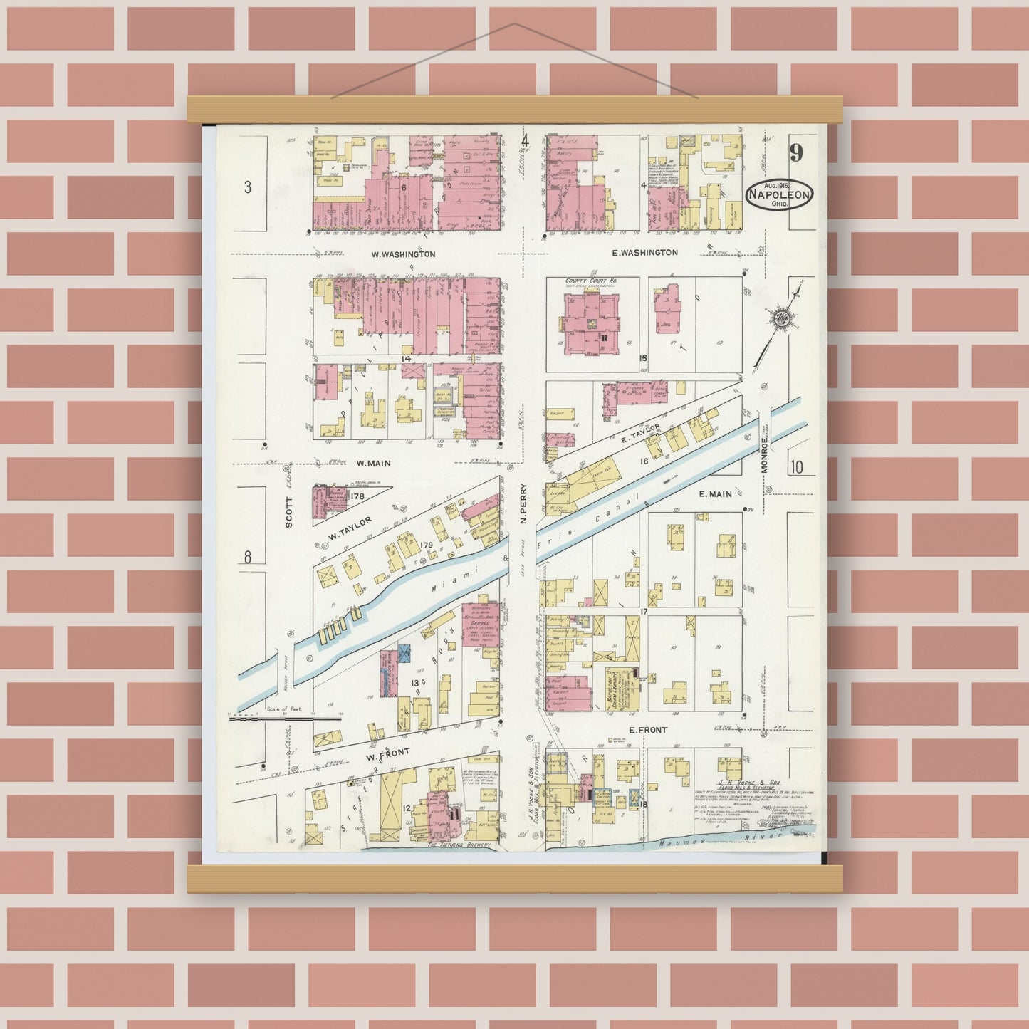 Old map wall art mockup — magnetic wood frame on brick wall — Sanborn Fire Insurance Map from Napoleon, Henry County, Ohio (1916), Sheet #0009