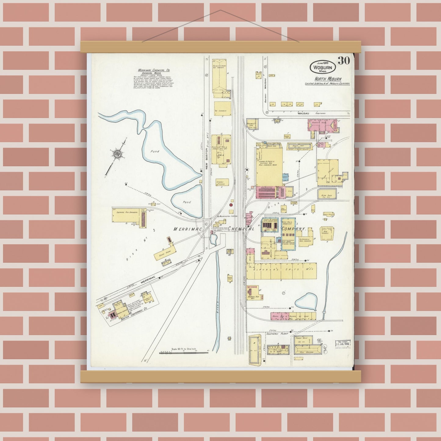 Old map wall art mockup — magnetic wood frame on brick wall — Sanborn Fire Insurance Map from Woburn, Middlesex County, Massachusetts (1910), Sheet #0030