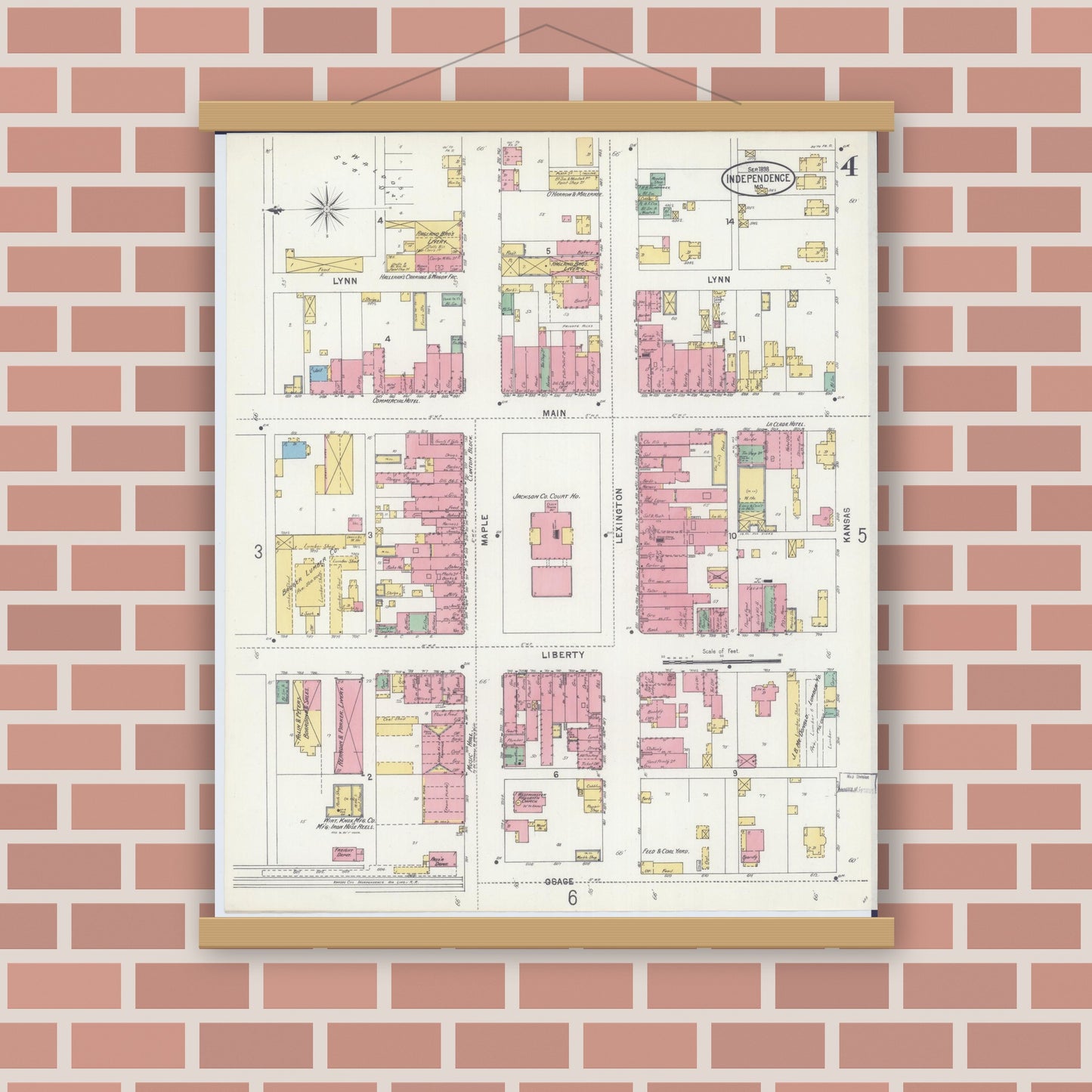 Old map wall art mockup — magnetic wood frame on brick wall — Sanborn Fire Insurance Map from Independence, Jackson County, Missouri (1898), Sheet #0004