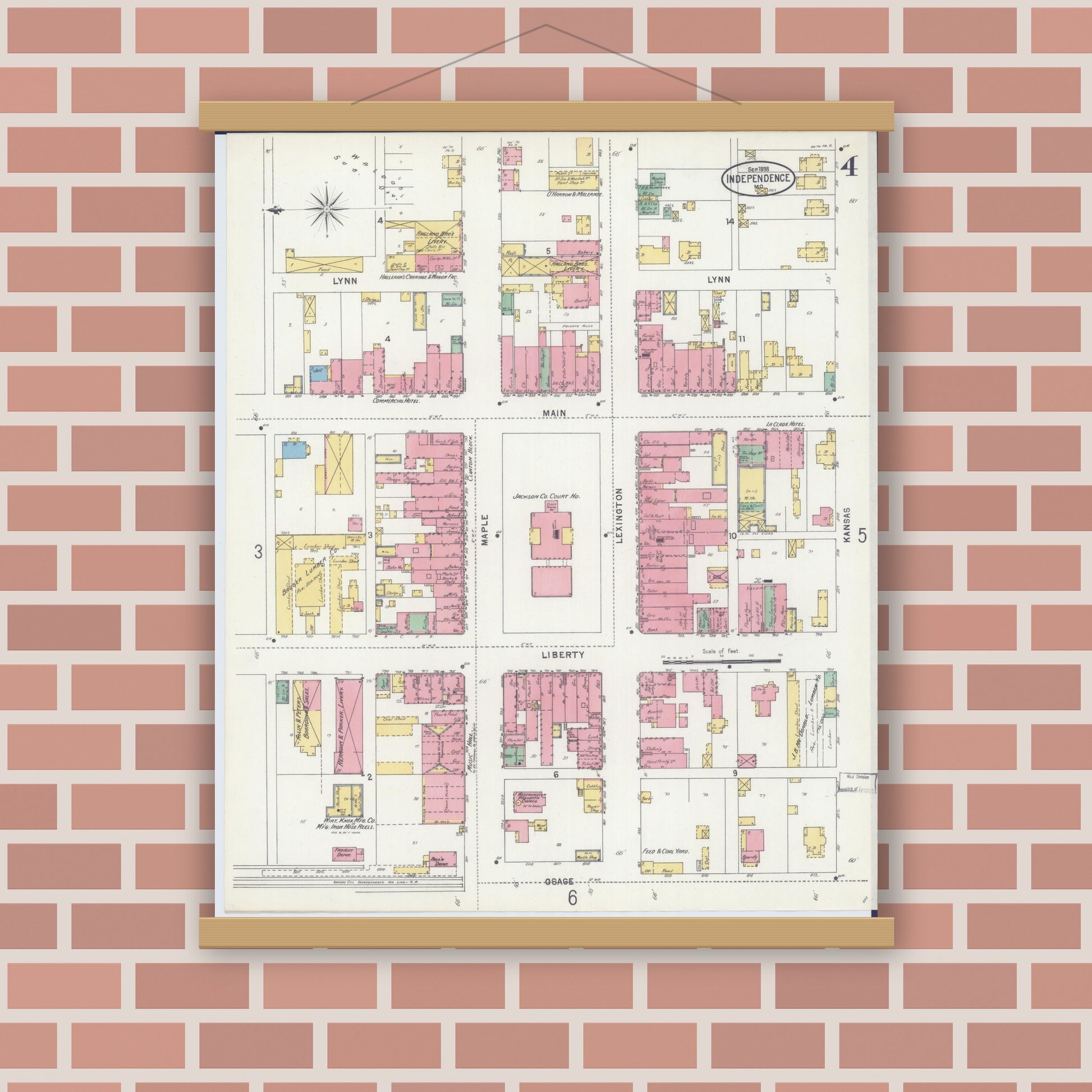 Old map wall art mockup — magnetic wood frame on brick wall — Sanborn Fire Insurance Map from Independence, Jackson County, Missouri (1898), Sheet #0004