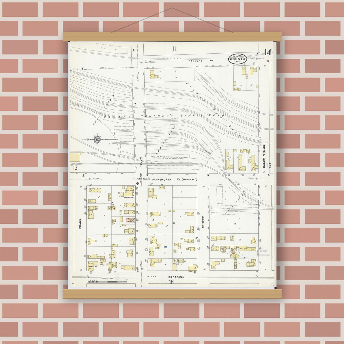 Old map wall art mockup — magnetic wood frame on brick wall — Sanborn Fire Insurance Map from Oconto, Oconto County, Wisconsin (1911), Sheet #0014