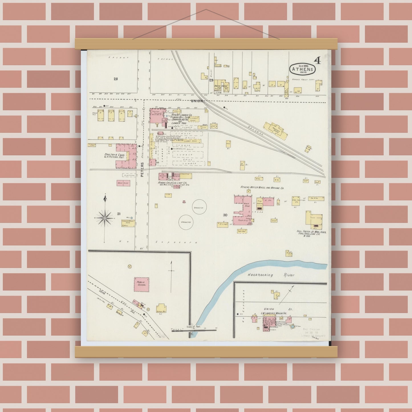 Old map wall art mockup — magnetic wood frame on brick wall — Sanborn Fire Insurance Map from Athens, Athens County, Ohio (1895), Sheet #0004