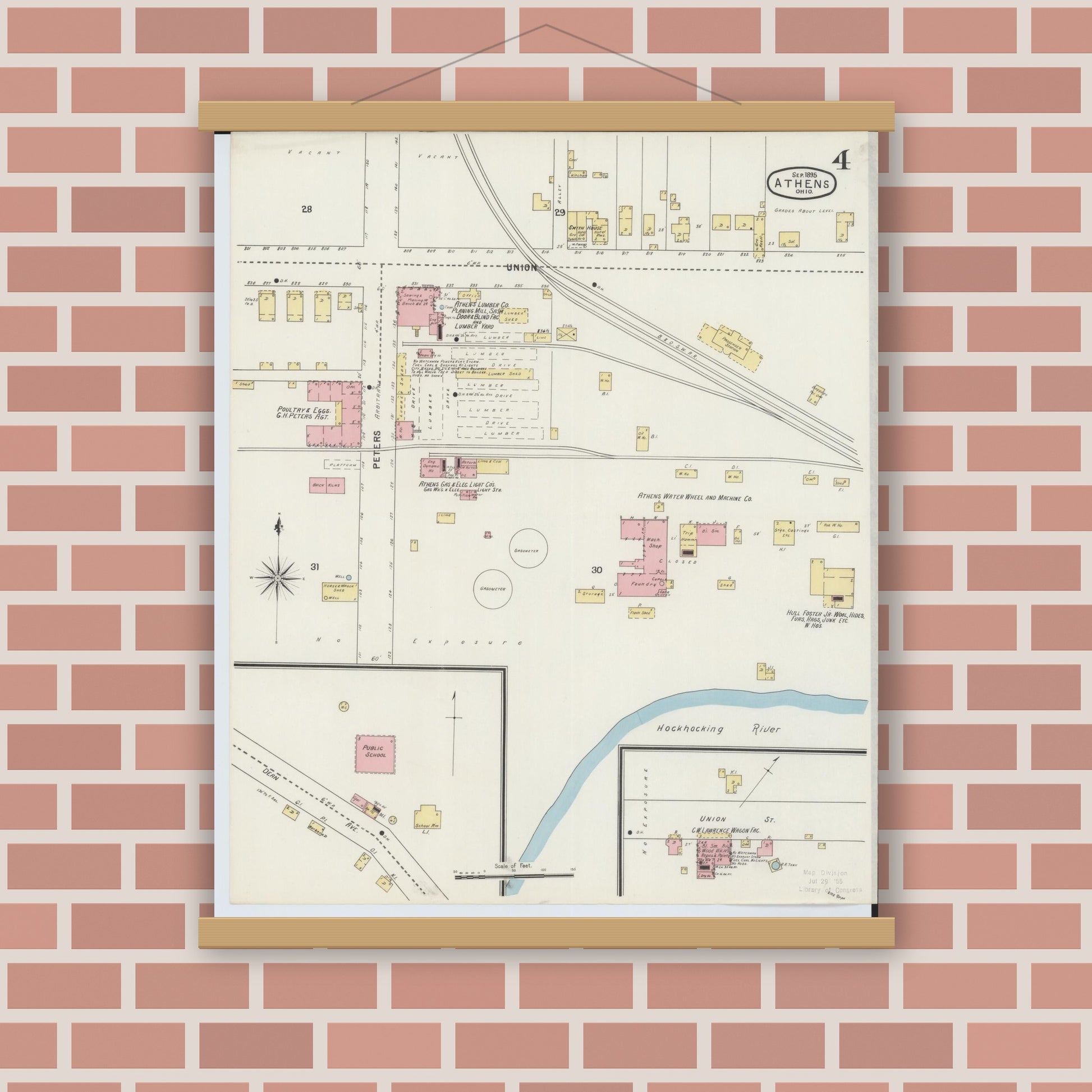 Old map wall art mockup — magnetic wood frame on brick wall — Sanborn Fire Insurance Map from Athens, Athens County, Ohio (1895), Sheet #0004