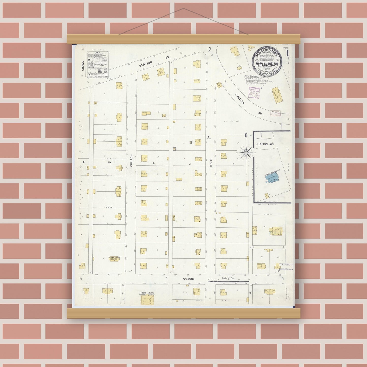 Old map wall art mockup — magnetic wood frame on brick wall — Sanborn Fire Insurance Map from Herculaneum, Jefferson County, Missouri (1908) - Complete Map Set