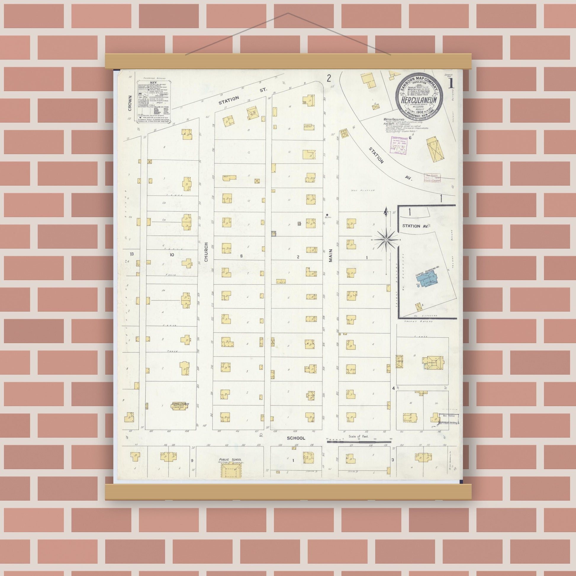 Old map wall art mockup — magnetic wood frame on brick wall — Sanborn Fire Insurance Map from Herculaneum, Jefferson County, Missouri (1908) - Complete Map Set