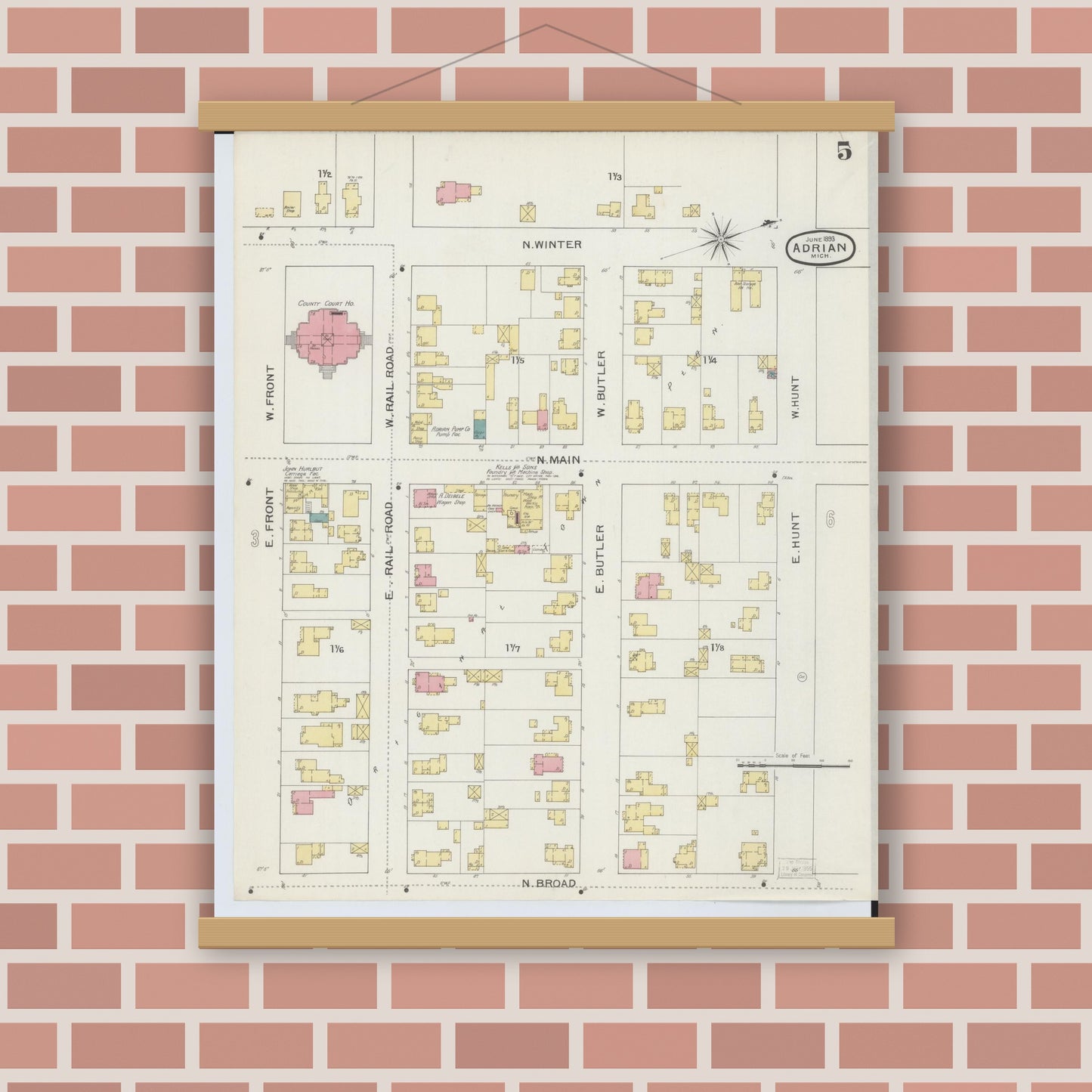 Old map wall art mockup — magnetic wood frame on brick wall — Sanborn Fire Insurance Map from Adrian, Lenawee County, Michigan (1893), Sheet #0005