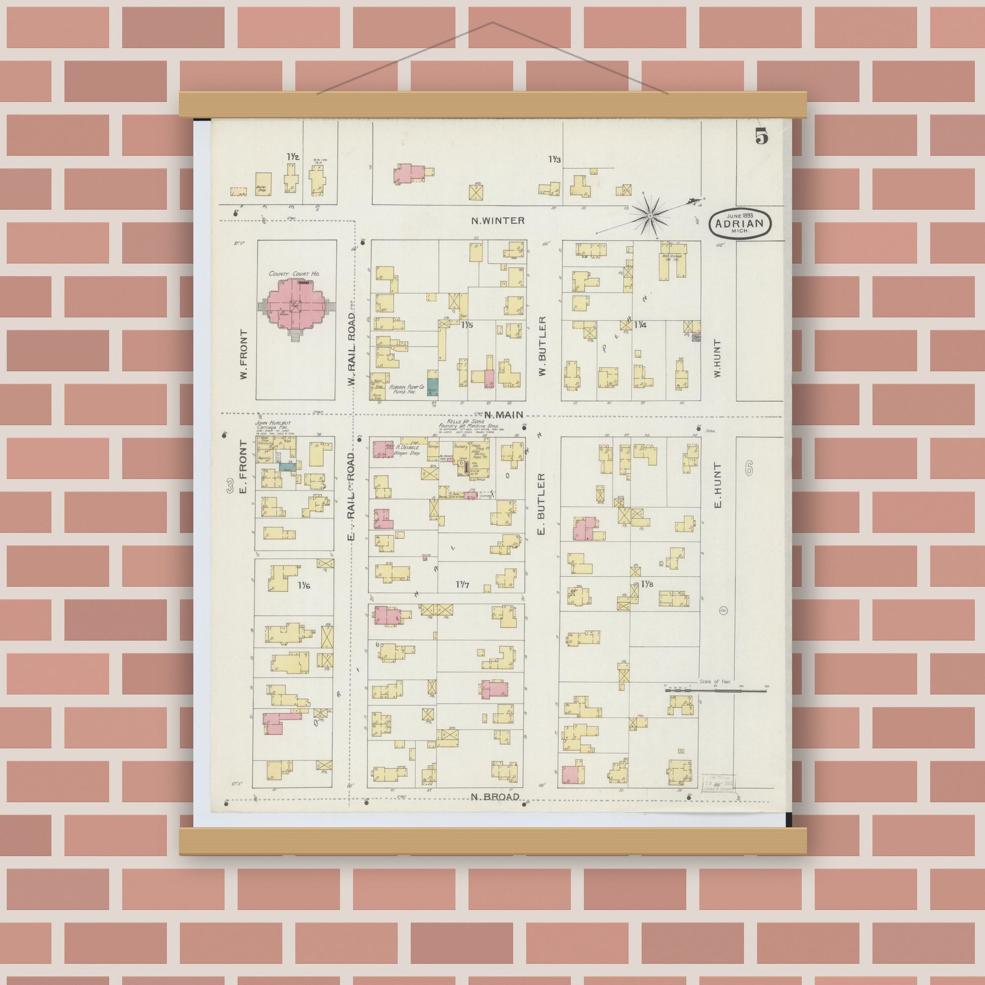 Old map wall art mockup — magnetic wood frame on brick wall — Sanborn Fire Insurance Map from Adrian, Lenawee County, Michigan (1893), Sheet #0005