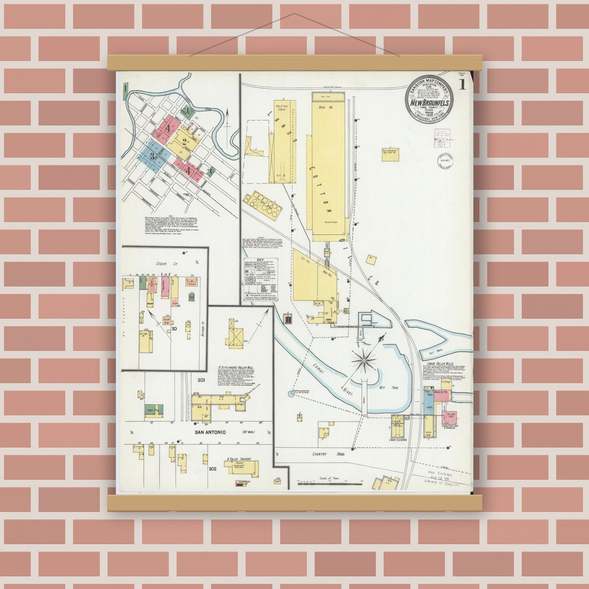 Old map wall art mockup — magnetic wood frame on brick wall — Sanborn Fire Insurance Map from New Braunfels, Comal County, Texas (1902), Sheet #0001