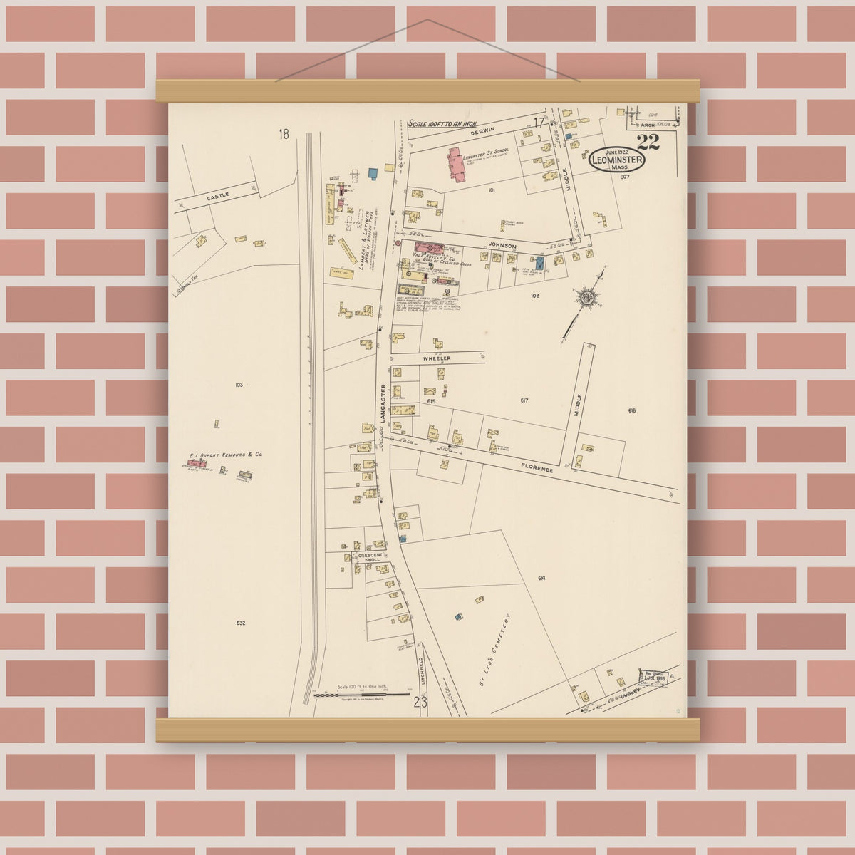Old map wall art mockup — magnetic wood frame on brick wall — Sanborn Fire Insurance Map from Leominster, Worcester County, Massachusetts (1922), Sheet #0022