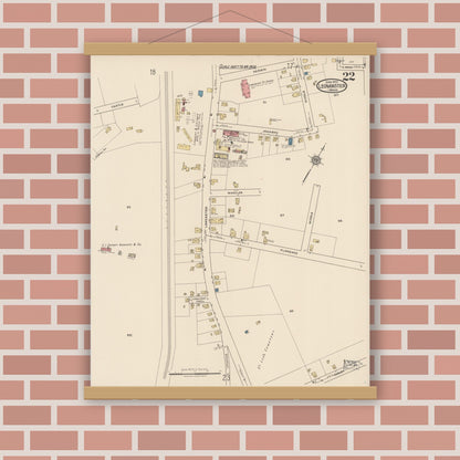Old map wall art mockup — magnetic wood frame on brick wall — Sanborn Fire Insurance Map from Leominster, Worcester County, Massachusetts (1922), Sheet #0022