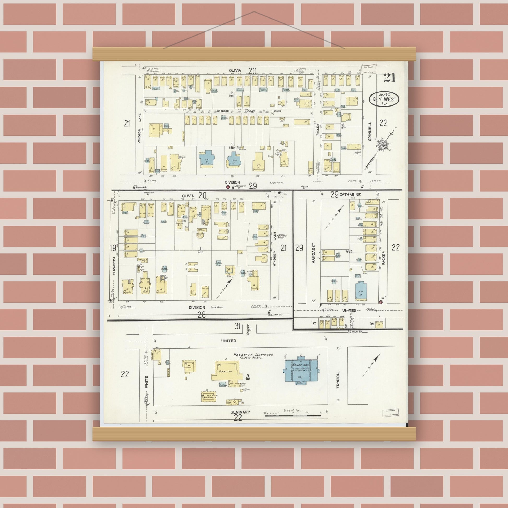 Old map wall art mockup — magnetic wood frame on brick wall — Sanborn Fire Insurance Map from Key West, Monroe County, Florida (1912), Sheet #0021