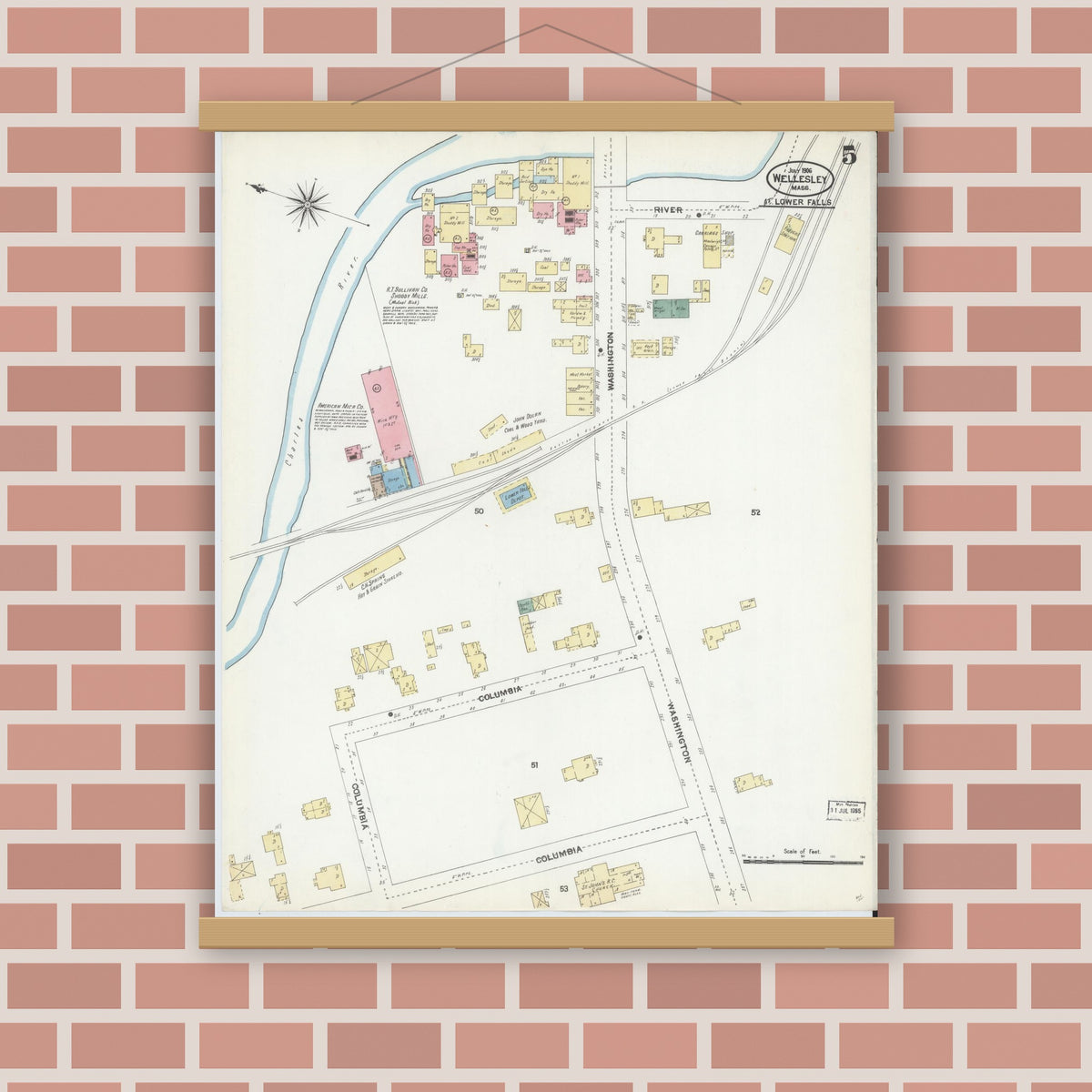Old map wall art mockup — magnetic wood frame on brick wall — Sanborn Fire Insurance Map from Wellesley, Norfolk County, Massachusetts (1906), Sheet #0005