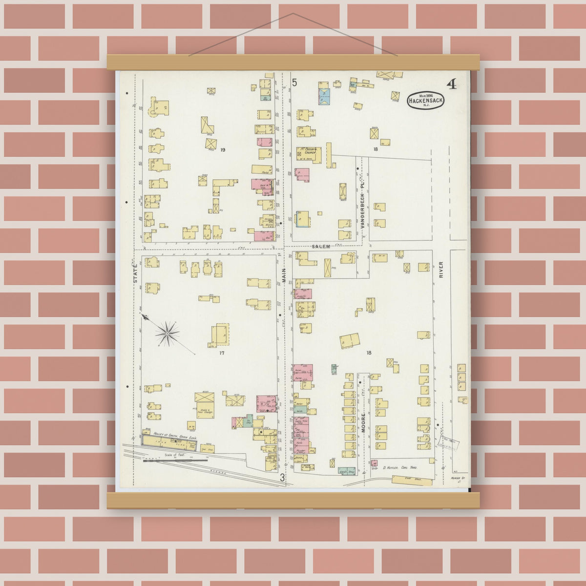 Old map wall art mockup — magnetic wood frame on brick wall — Sanborn Fire Insurance Map from Hackensack, Bergen County, New Jersey (1896), Sheet #0004