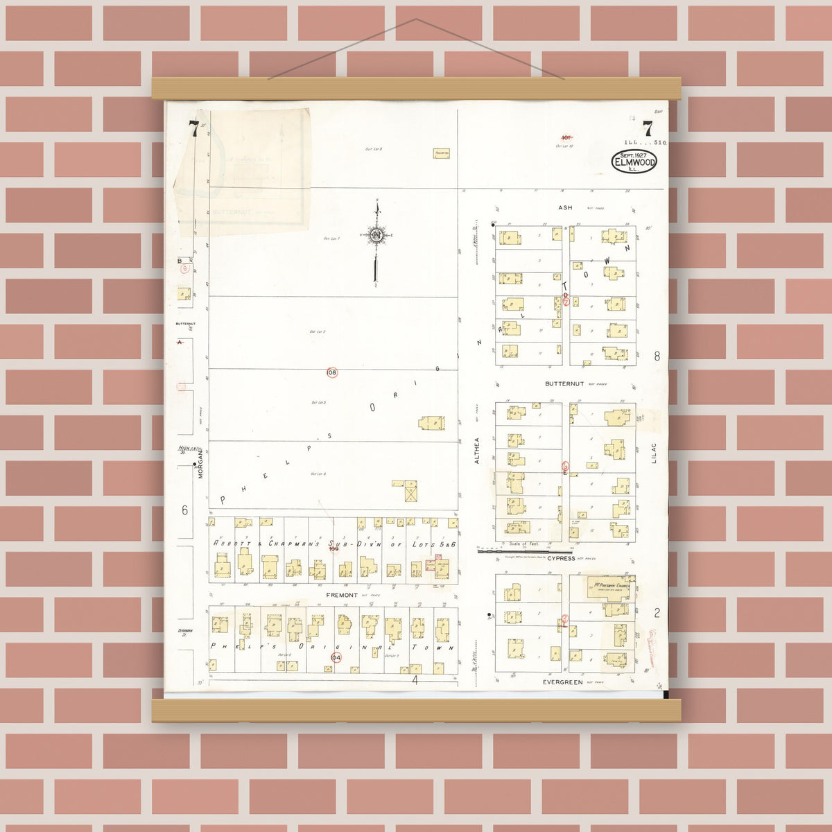 Old map wall art mockup — magnetic wood frame on brick wall — Sanborn Fire Insurance Map from Elmwood, Peoria County, Illinois (1944), Sheet #0007