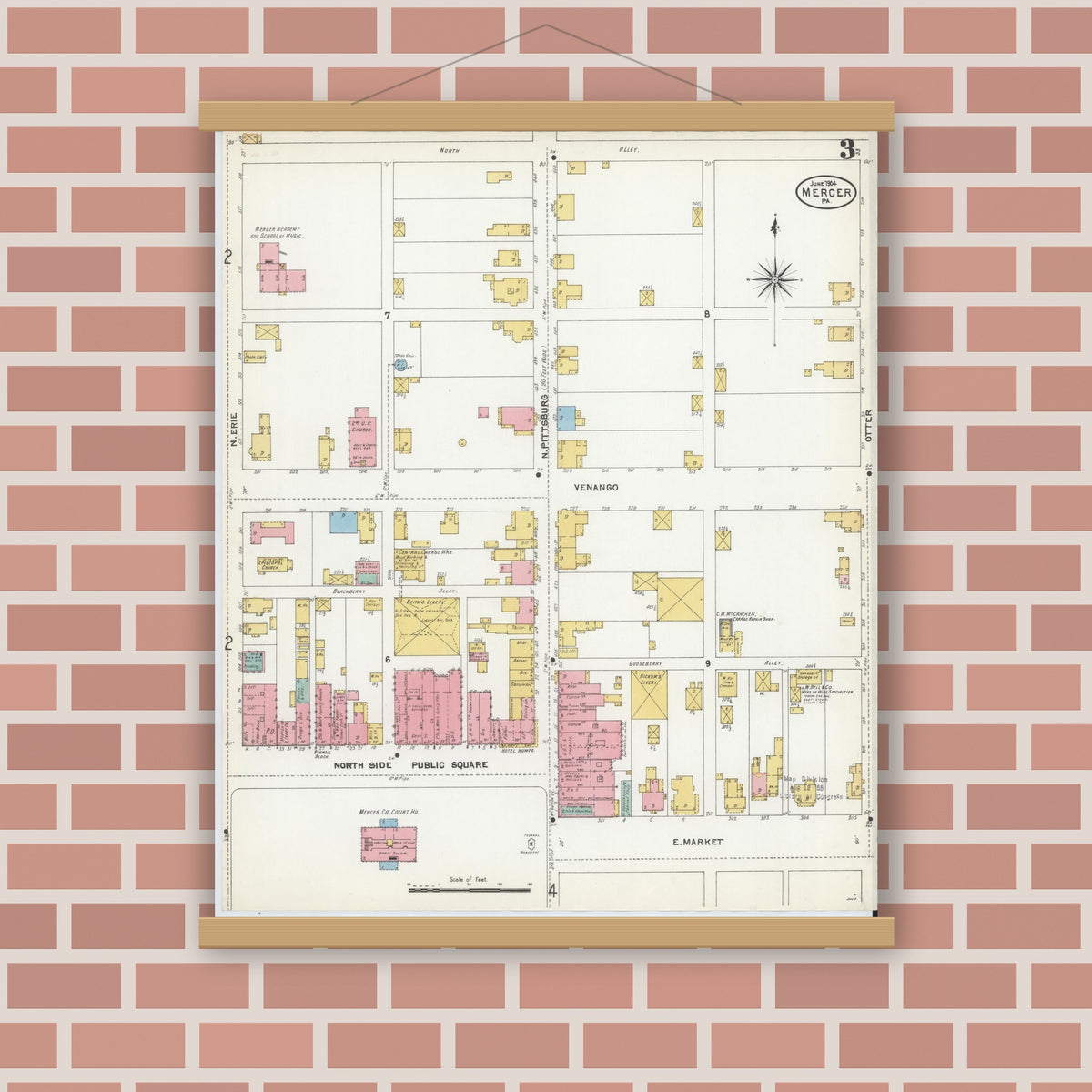 Old map wall art mockup — magnetic wood frame on brick wall — Sanborn Fire Insurance Map from Mercer, Mercer County, Pennsylvania (1904), Sheet #0003
